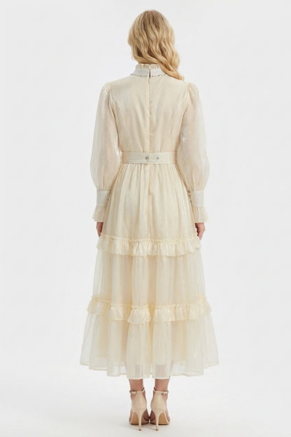 Beaded Stand Collar Midi Dress With Belt