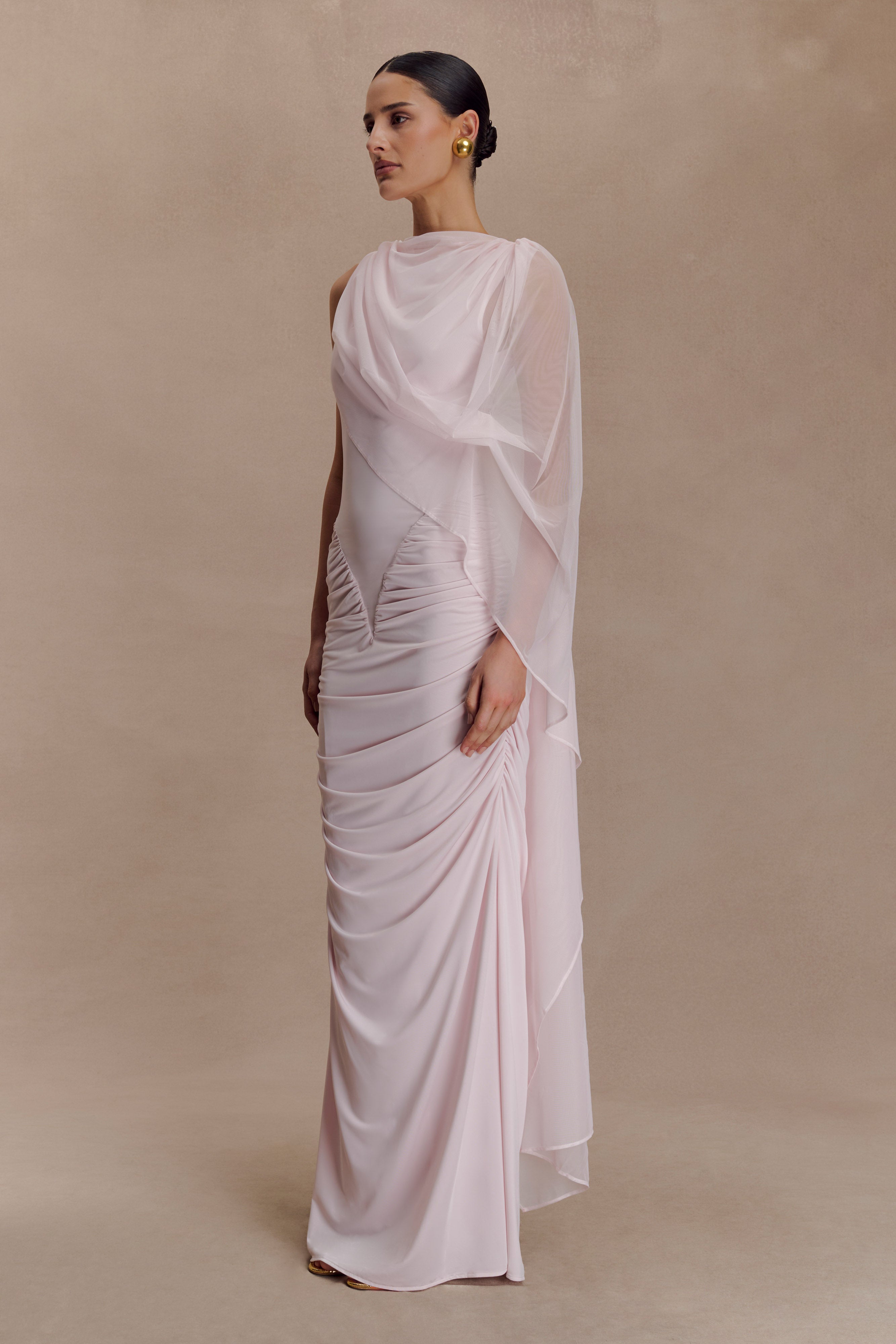Jersey Gathering Asymmetrical Sleeve Maxi Dress