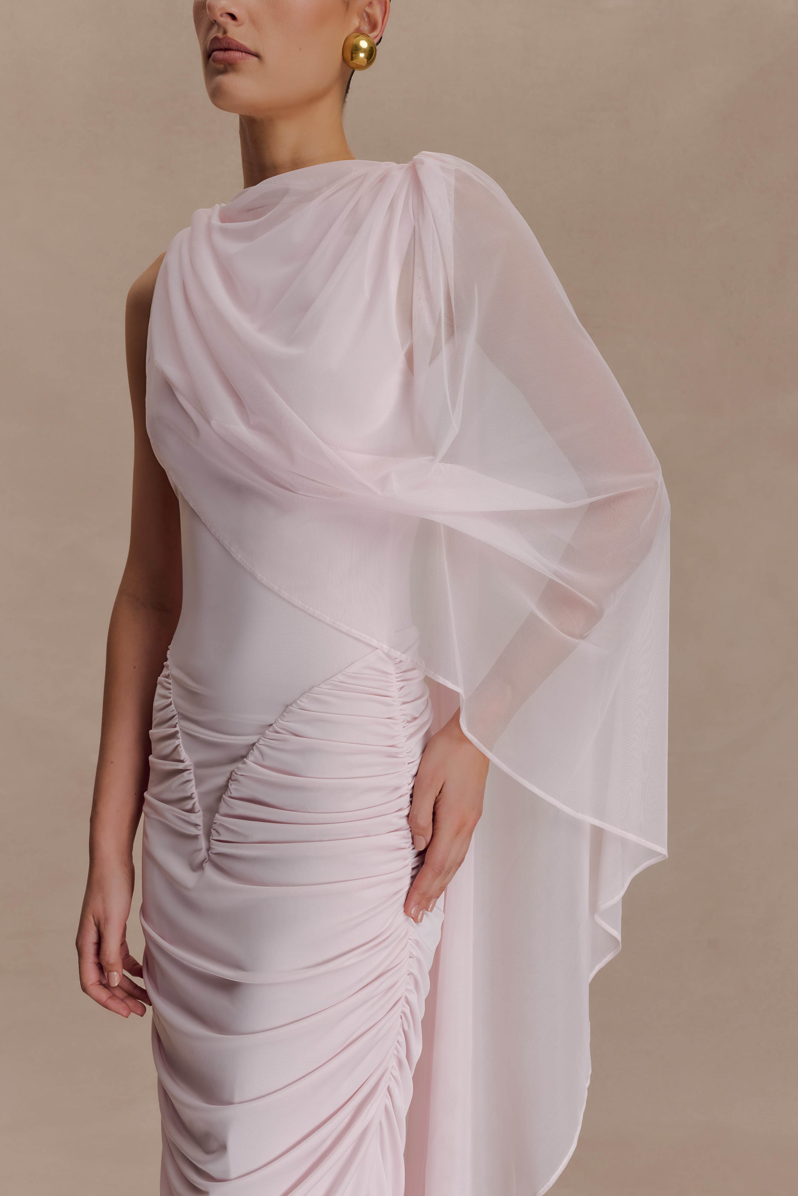 Jersey Gathering Asymmetrical Sleeve Maxi Dress