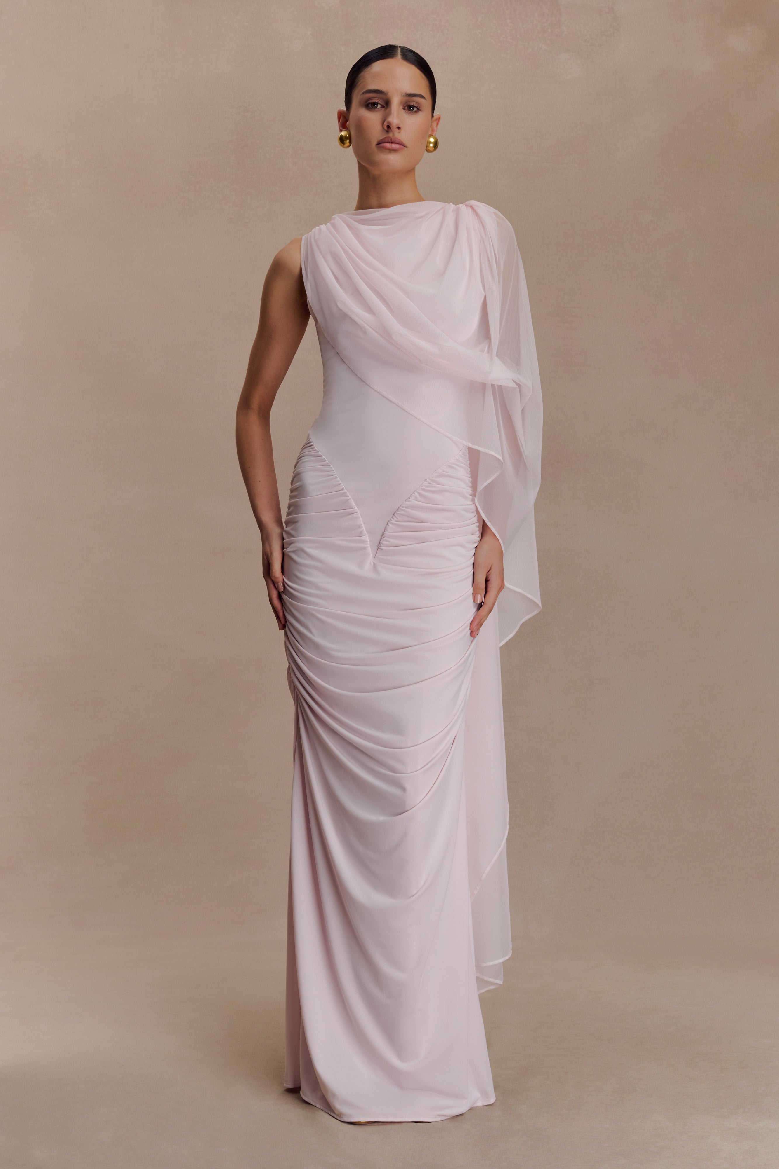 Jersey Gathering Asymmetrical Sleeve Maxi Dress