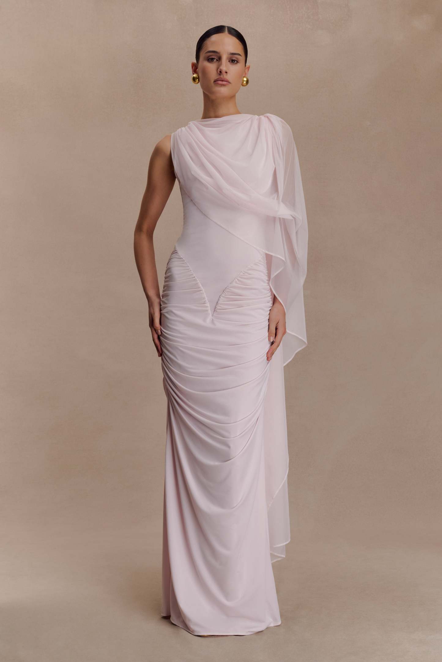 Jersey Gathering Asymmetrical Sleeve Maxi Dress
