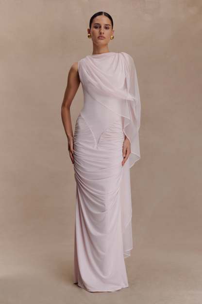 Jersey Gathering Asymmetrical Sleeve Maxi Dress