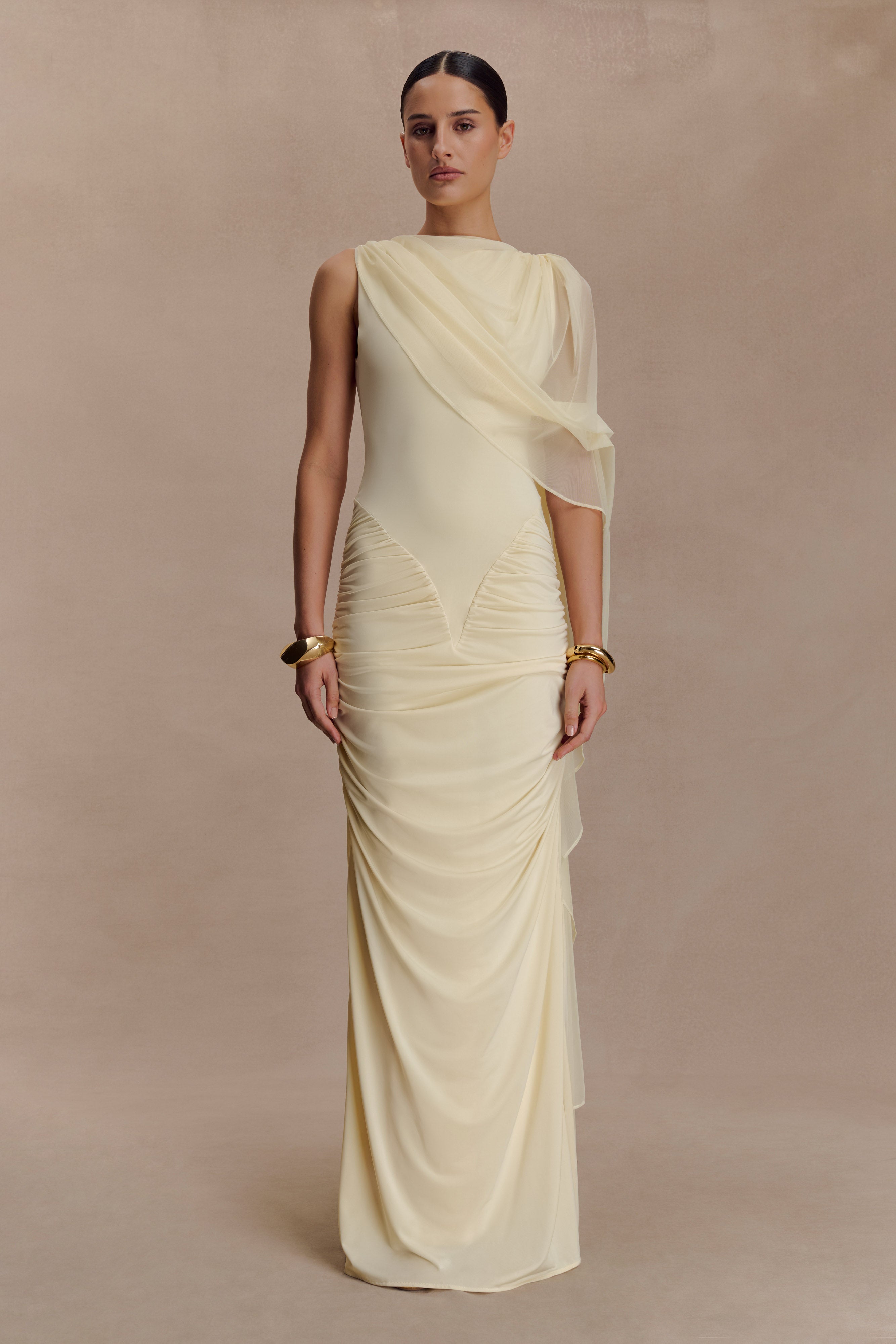 Jersey Gathering Asymmetrical Sleeve Maxi Dress