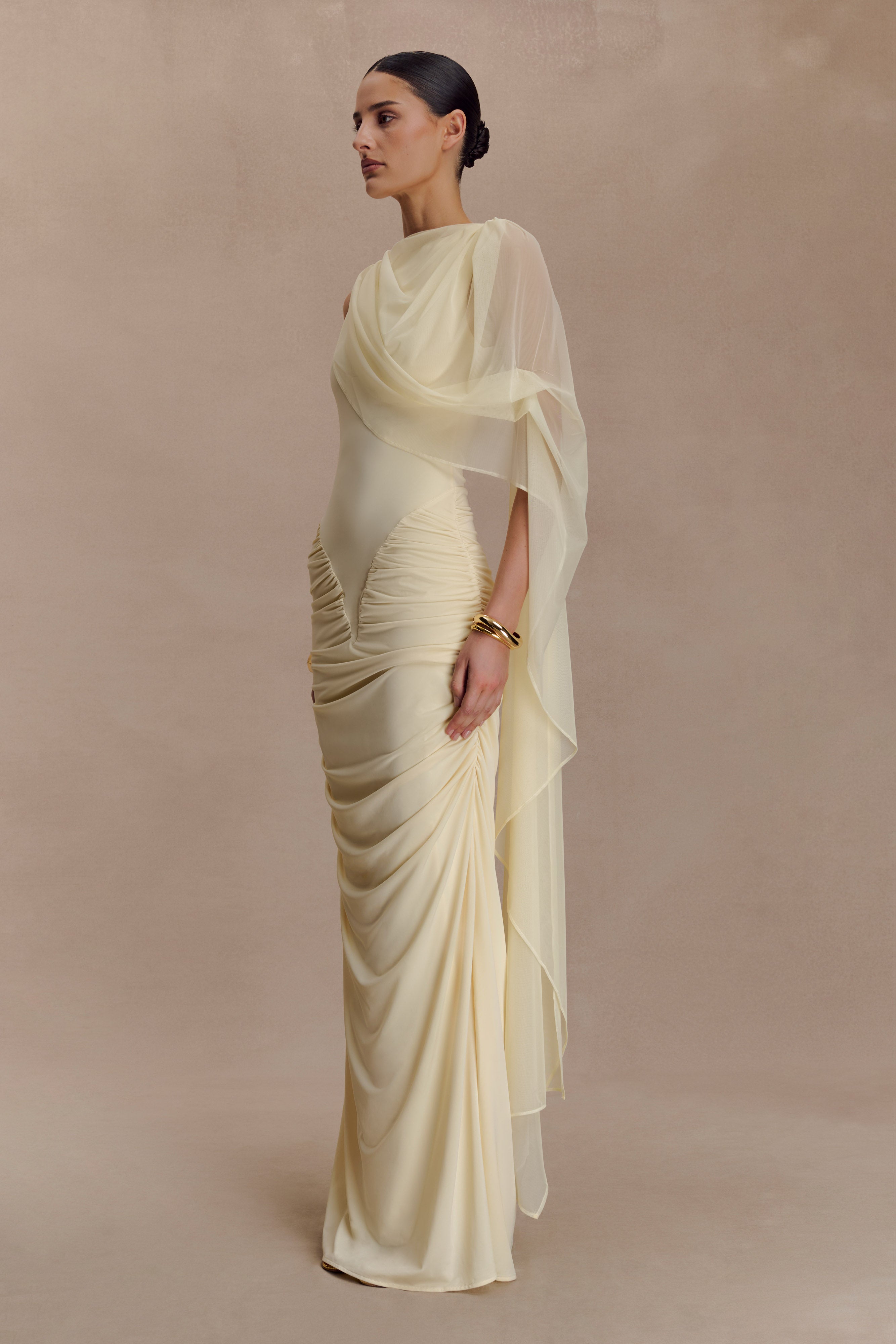 Jersey Gathering Asymmetrical Sleeve Maxi Dress