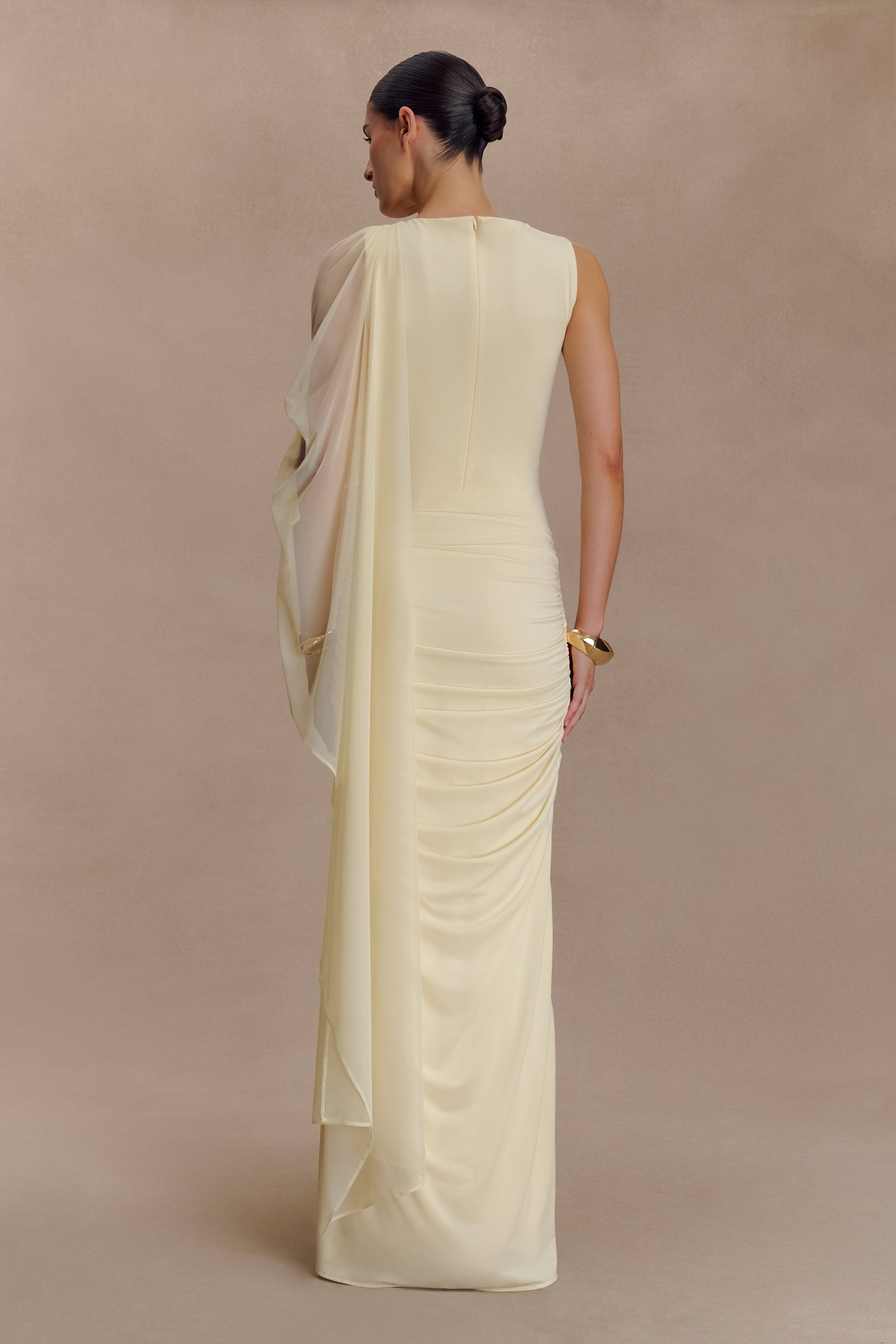 Jersey Gathering Asymmetrical Sleeve Maxi Dress