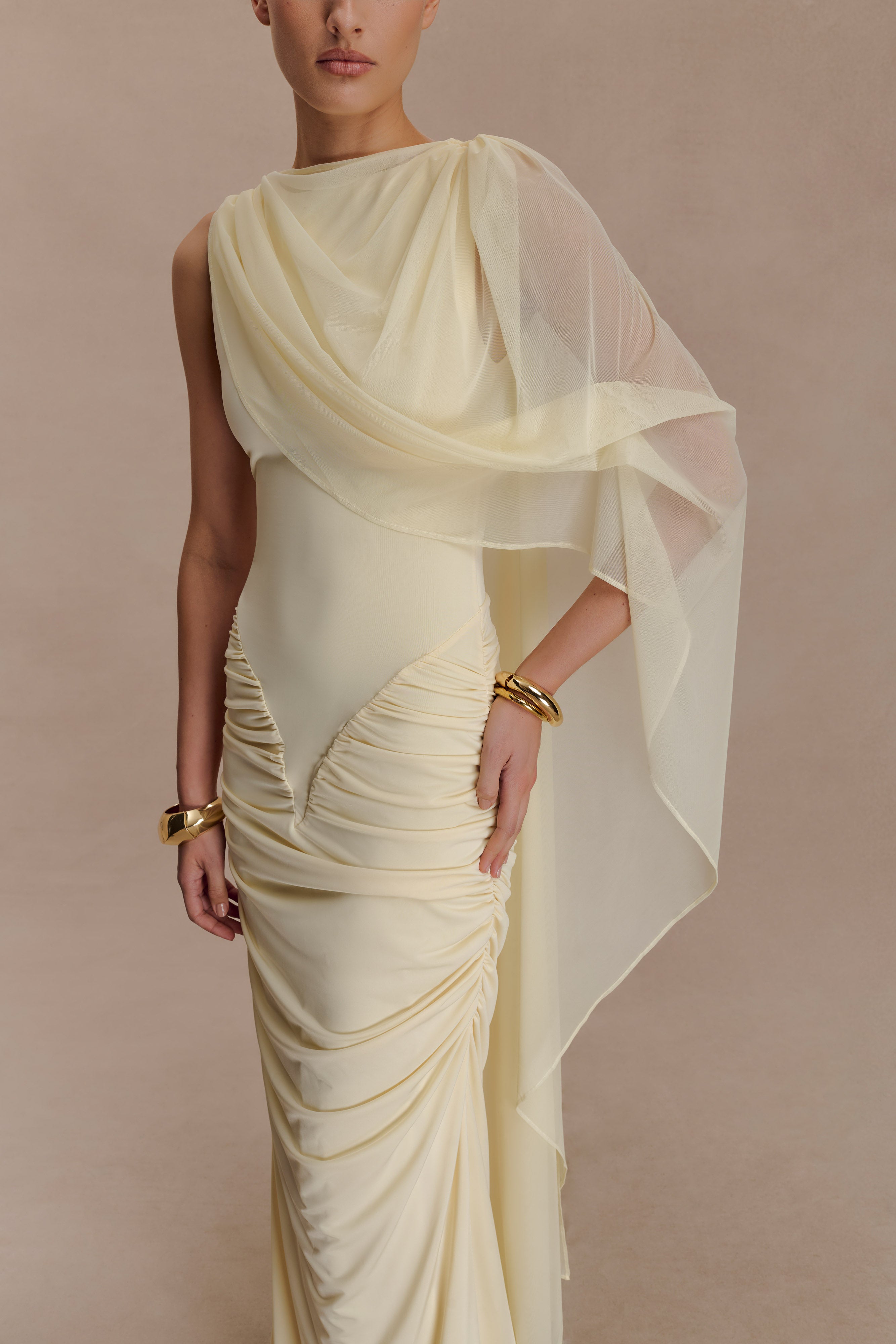 Jersey Gathering Asymmetrical Sleeve Maxi Dress