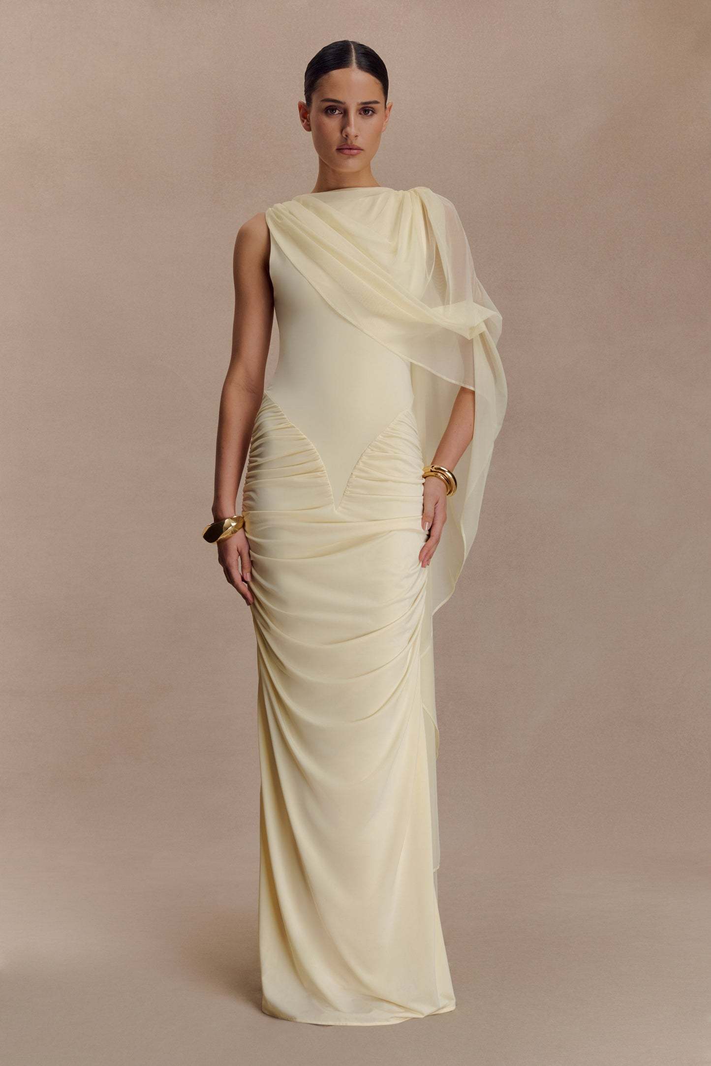 Jersey Gathering Asymmetrical Sleeve Maxi Dress