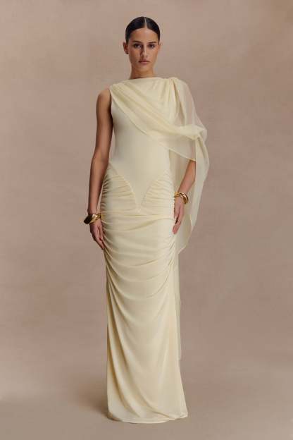 Jersey Gathering Asymmetrical Sleeve Maxi Dress