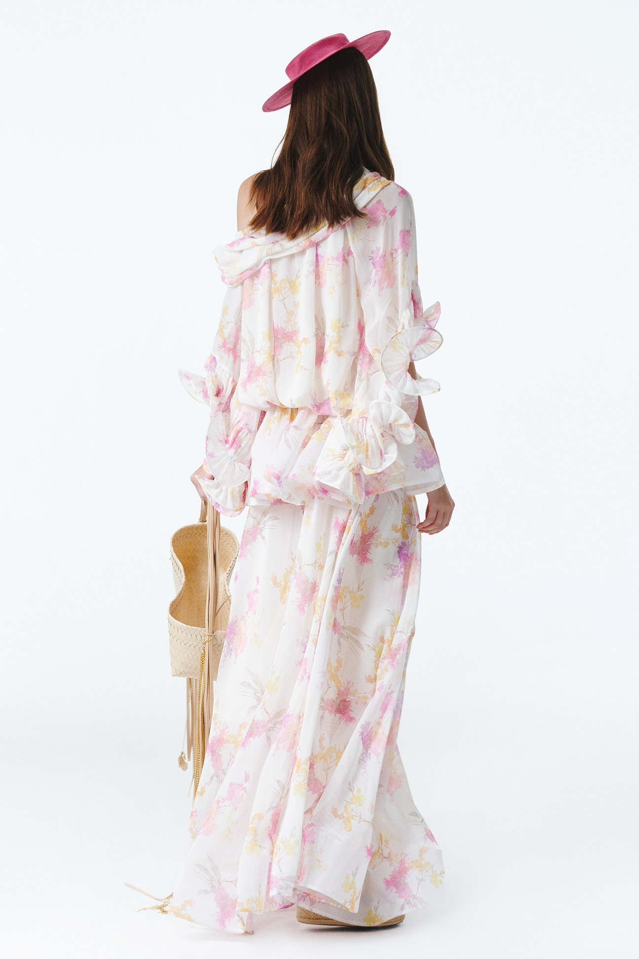 Floral Ruffle Asymmetrical Neck Midi Dress