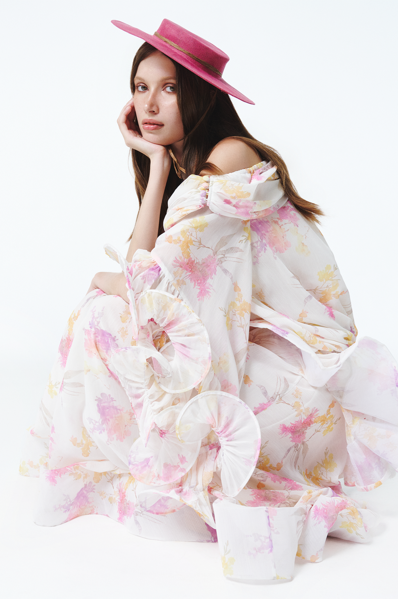 Floral Ruffle Asymmetrical Neck Midi Dress