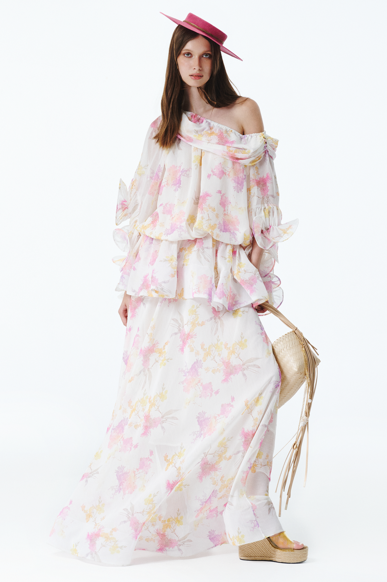 Floral Ruffle Asymmetrical Neck Midi Dress