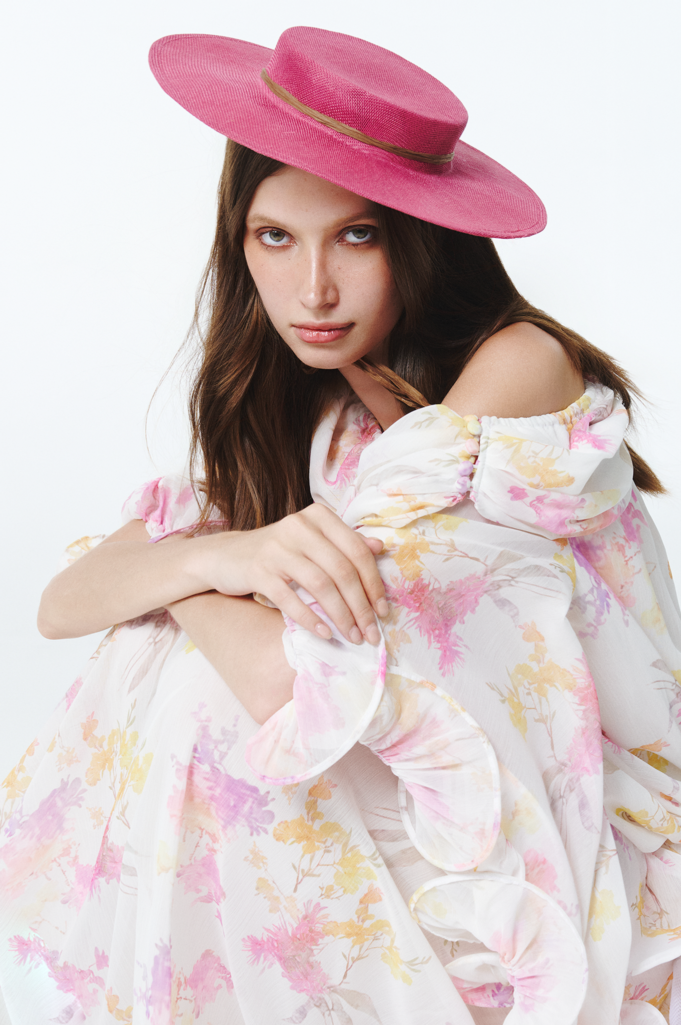 Floral Ruffle Asymmetrical Neck Midi Dress