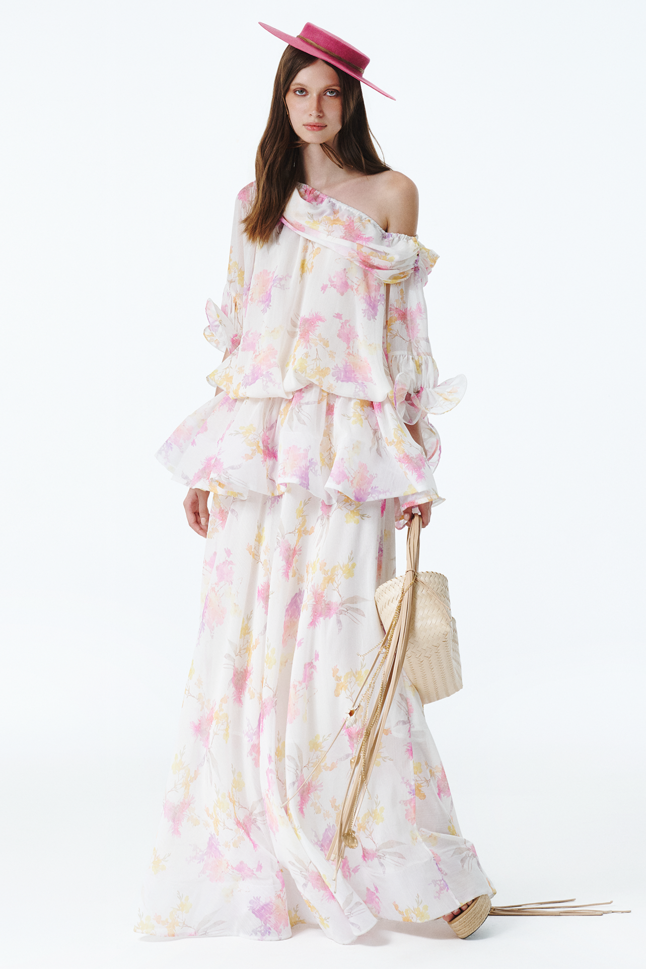 Floral Ruffle Asymmetrical Neck Midi Dress