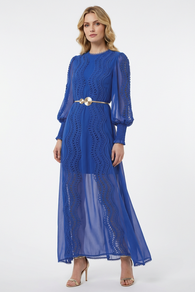 Chiffon Lace Midi Dress With Metal Belt