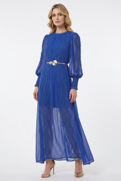 Chiffon Lace Midi Dress With Metal Belt