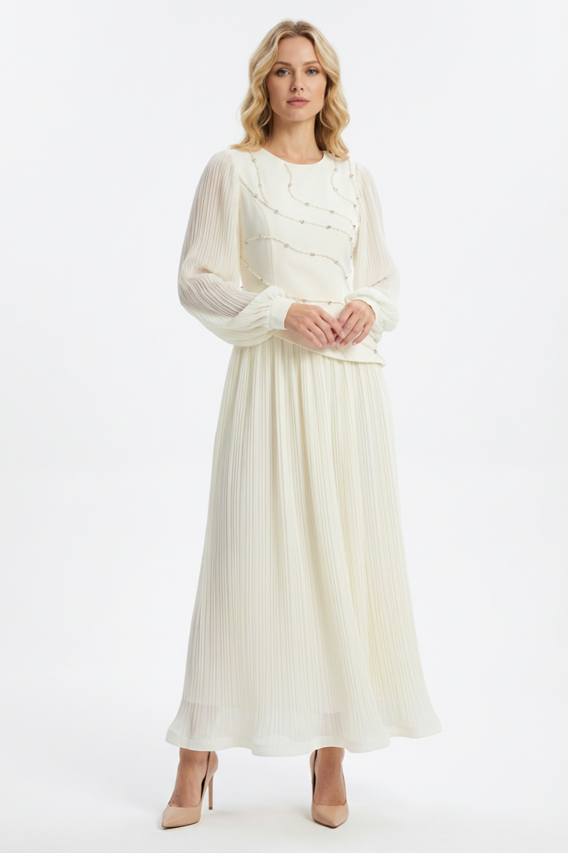 Rhinestone Rivets Pleated Top & Hight Waist Midi Skirt Set