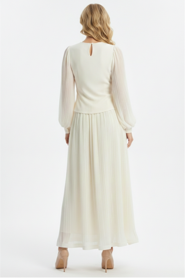 Rhinestone Rivets Pleated Top & Hight Waist Midi Skirt Set