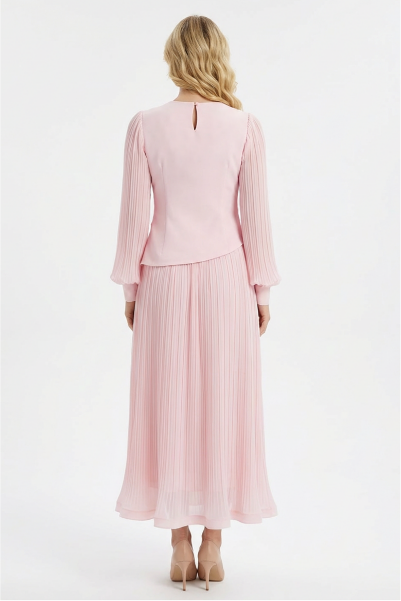 Rhinestone Rivets Pleated Top & Hight Waist Midi Skirt Set