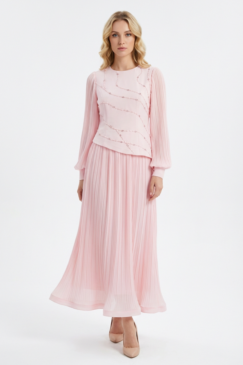 Rhinestone Rivets Pleated Top & Hight Waist Midi Skirt Set