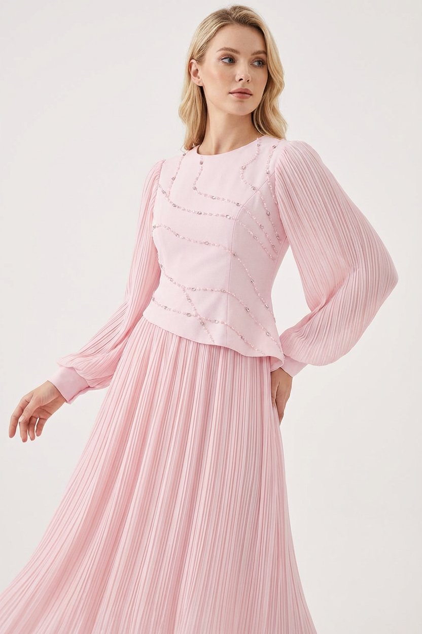 Rhinestone Rivets Pleated Top & Hight Waist Midi Skirt Set