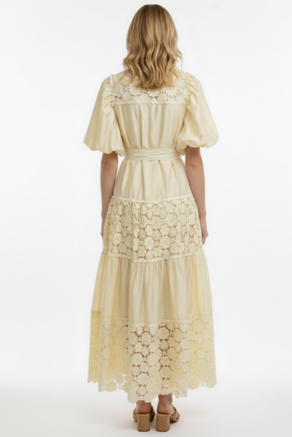 Lace Splicing Puff Sleeve Midi Dress