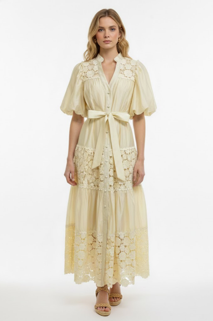 Lace Splicing Puff Sleeve Midi Dress