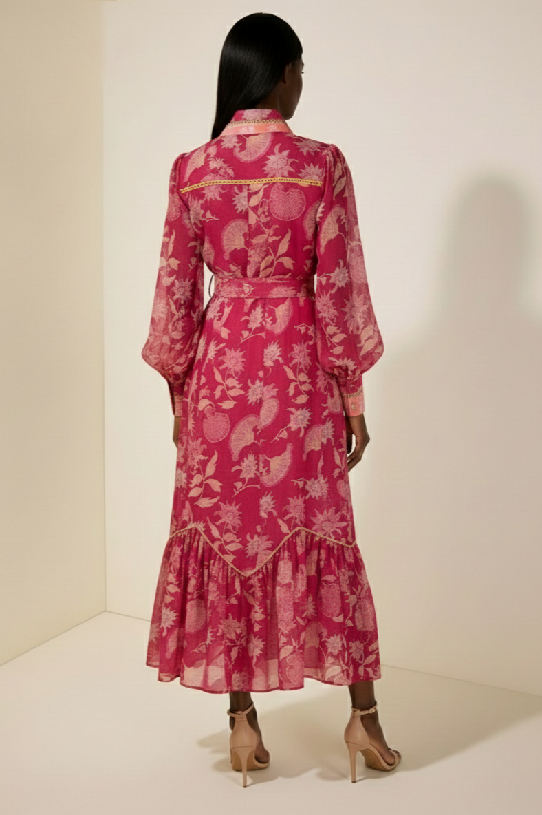 Paisley Print Lace Midi Dress With Belt