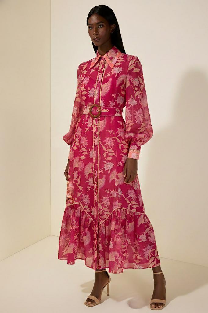 Paisley Print Lace Midi Dress With Belt