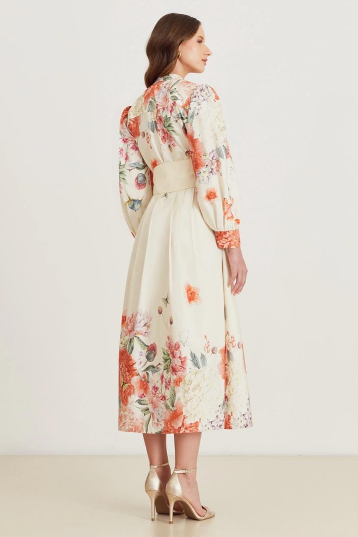 Floral Single Breasted Midi Dress With Belt