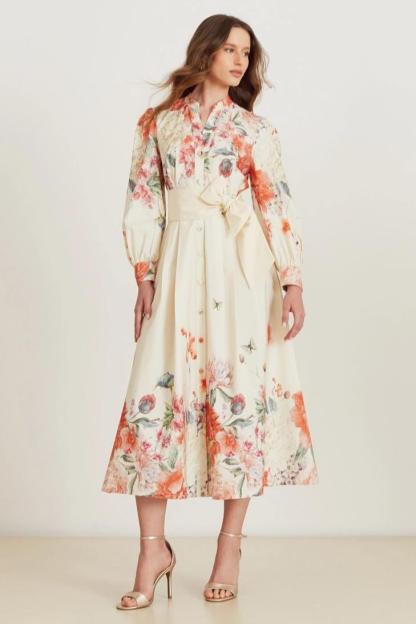 Floral Single Breasted Midi Dress With Belt