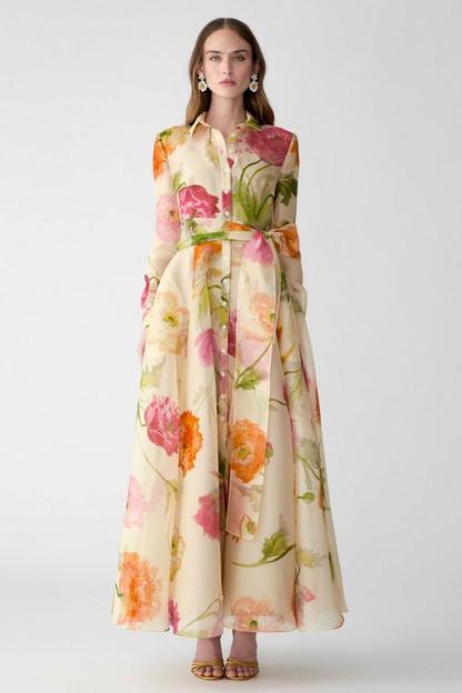Floral Organza Single Breasted Midi Dress