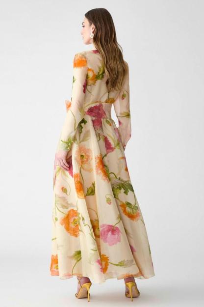 Floral Organza Single Breasted Midi Dress