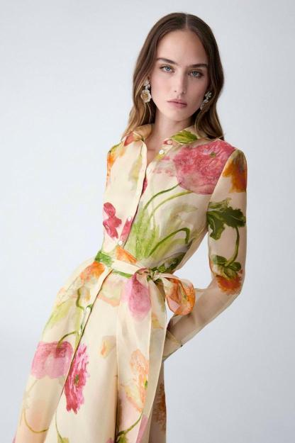 Floral Organza Single Breasted Midi Dress