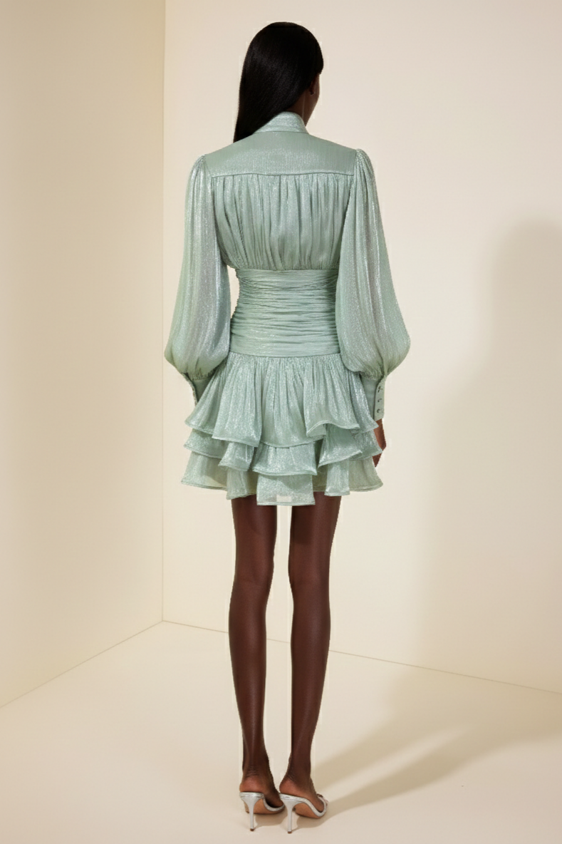 Metal Button Ruffle Gathering Mini Dress