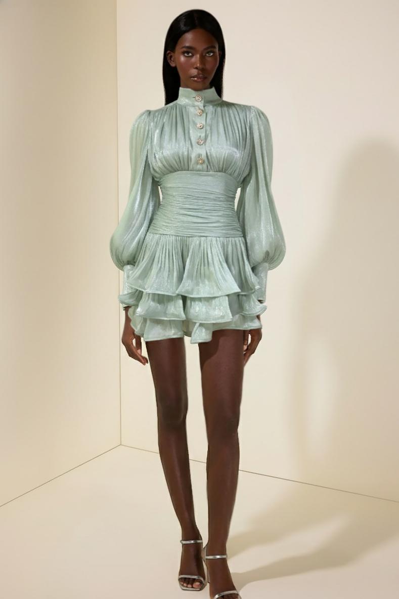 Metal Button Ruffle Gathering Mini Dress