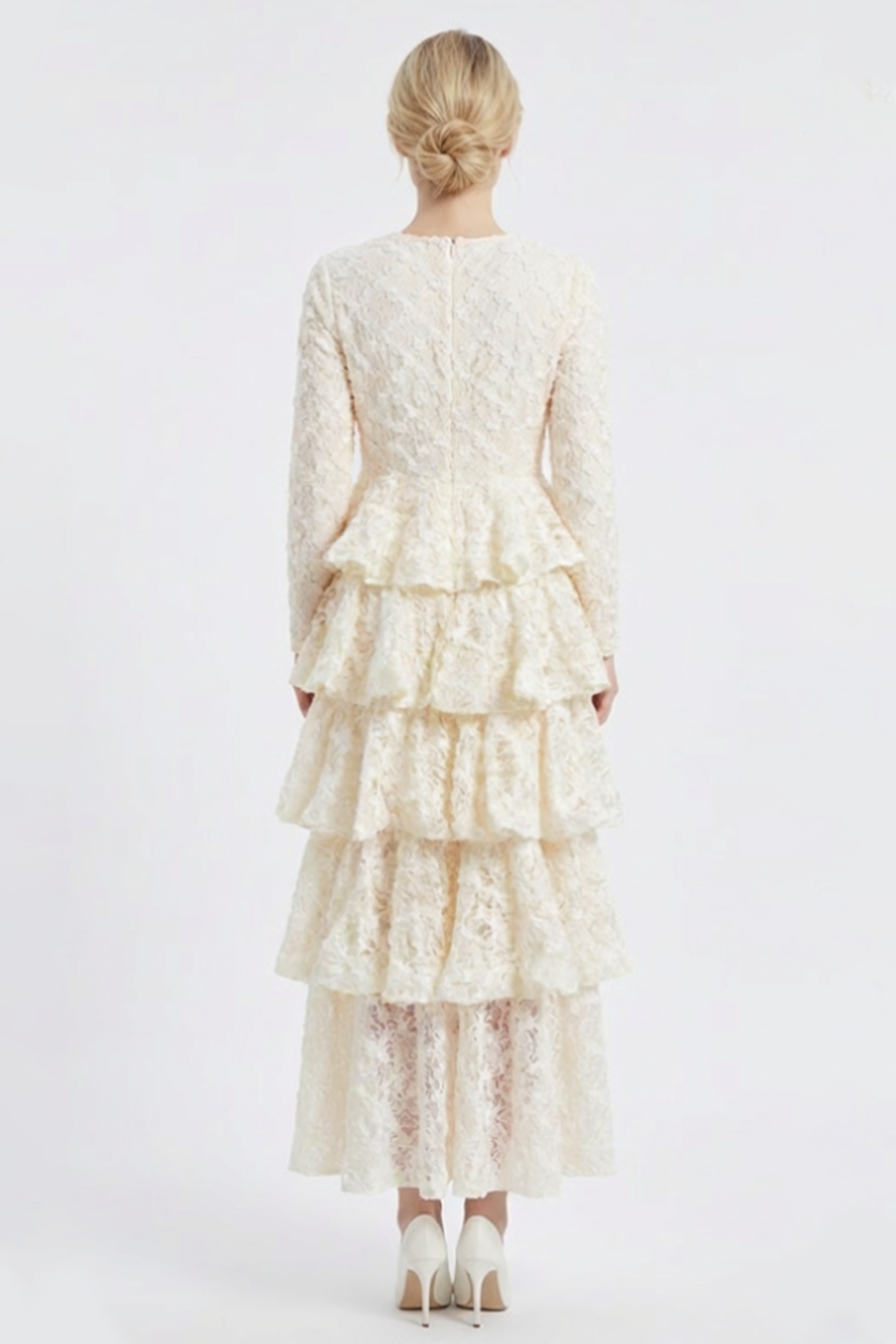 Lace Ruffle Long Sleeve Midi Dress