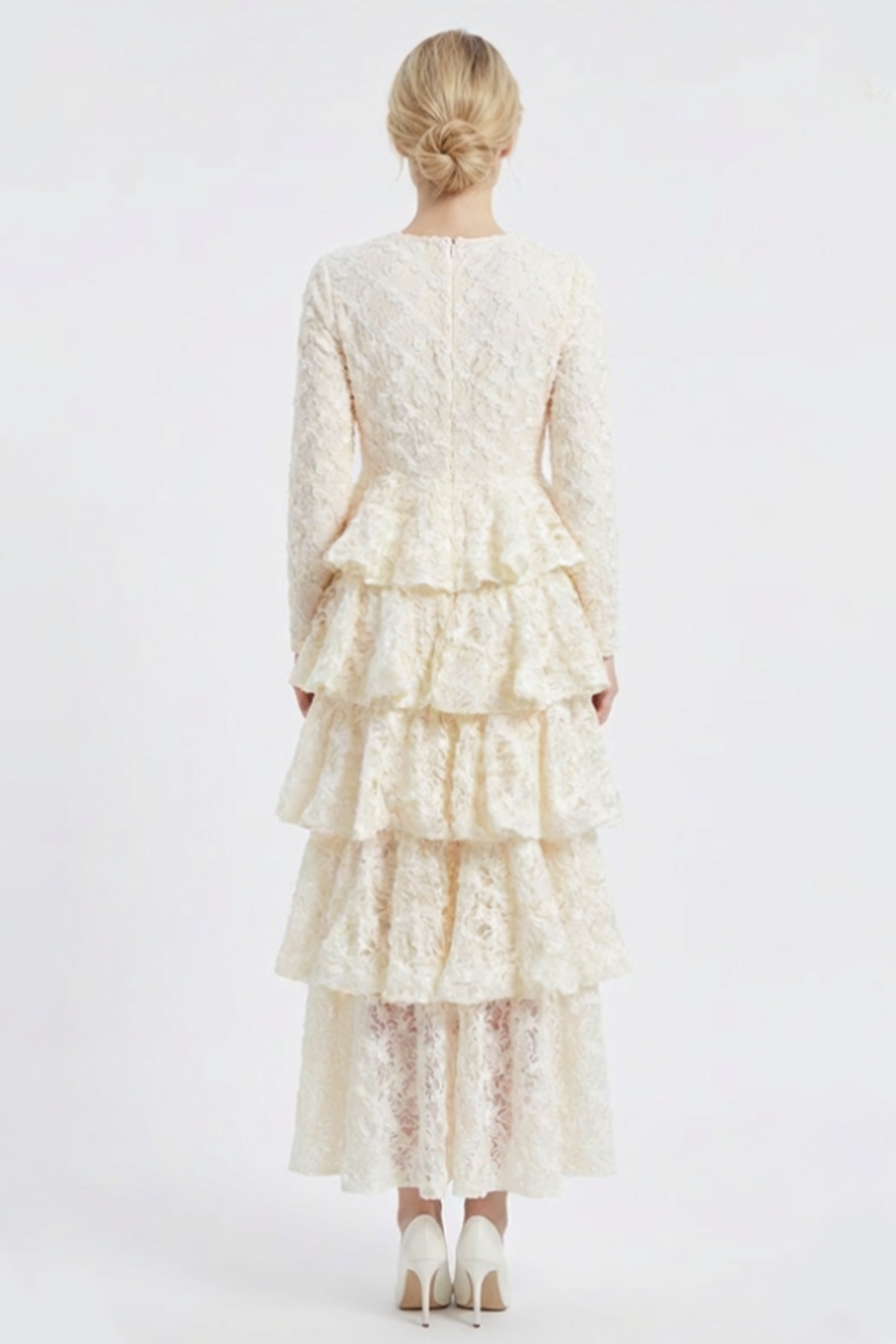 Lace Ruffle Long Sleeve Midi Dress