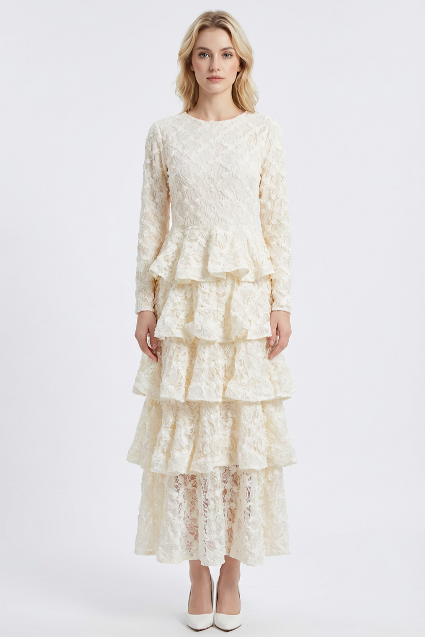 Lace Ruffle Long Sleeve Midi Dress