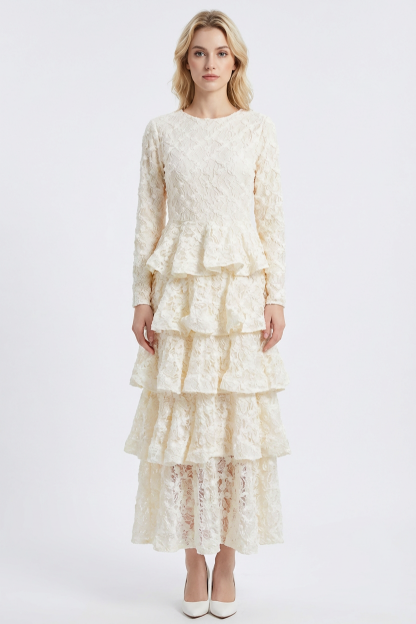 Lace Ruffle Long Sleeve Midi Dress