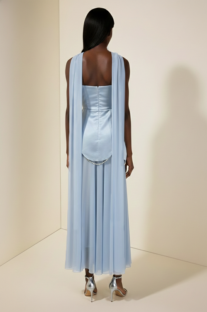 Faux Pearl Satin Strapless Maxi Dress