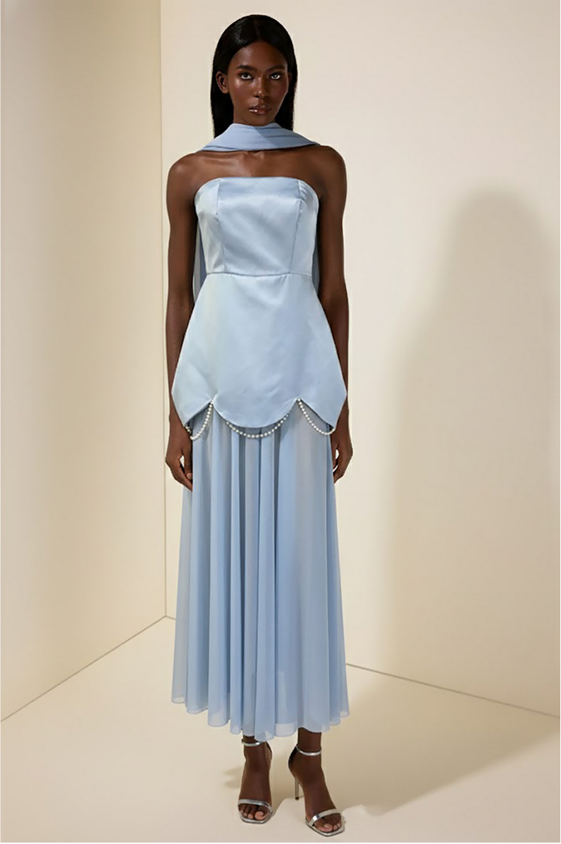 Faux Pearl Satin Strapless Maxi Dress