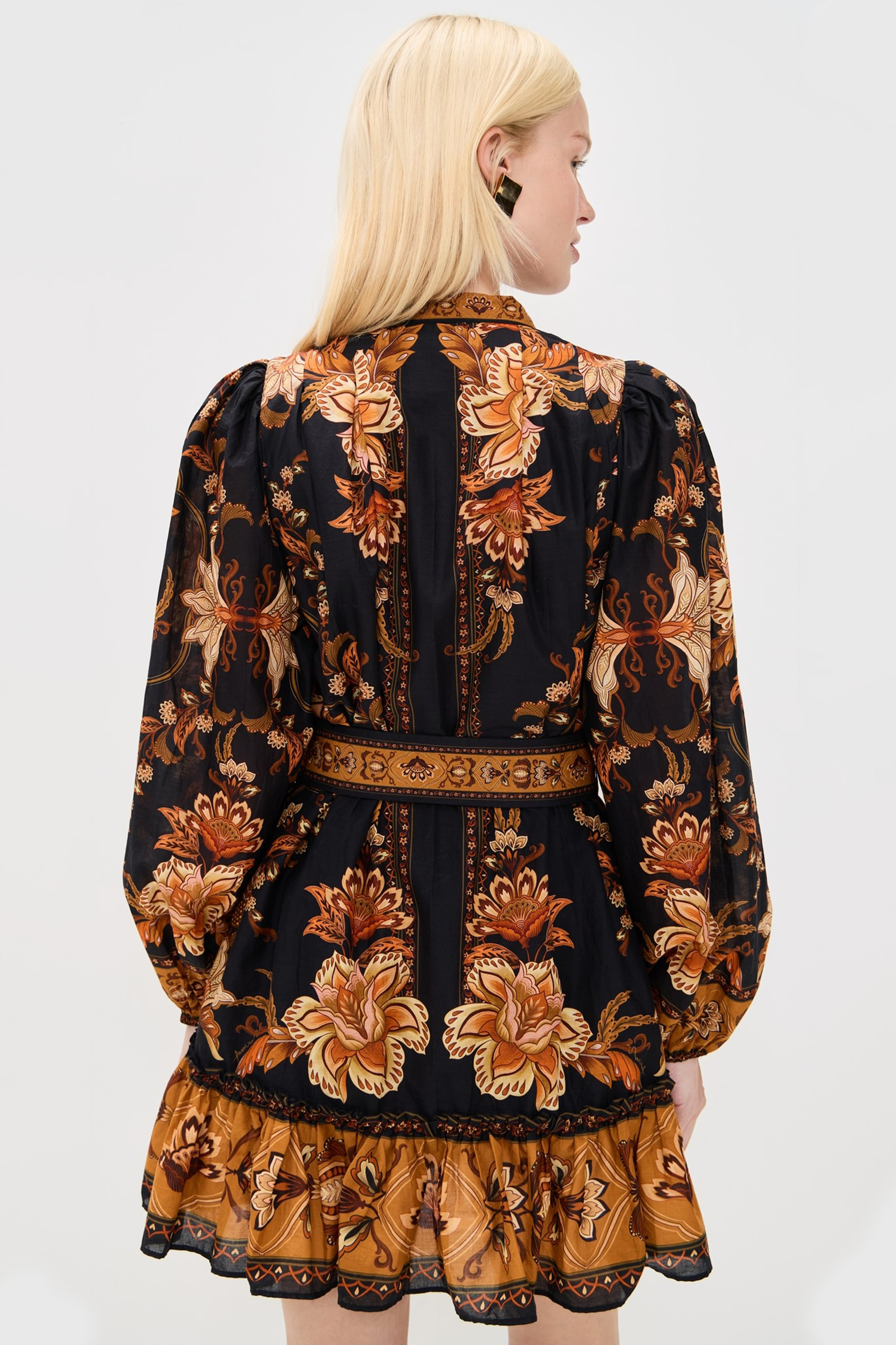 Paisley Print Lantern Sleeve Mini Dress With Belt