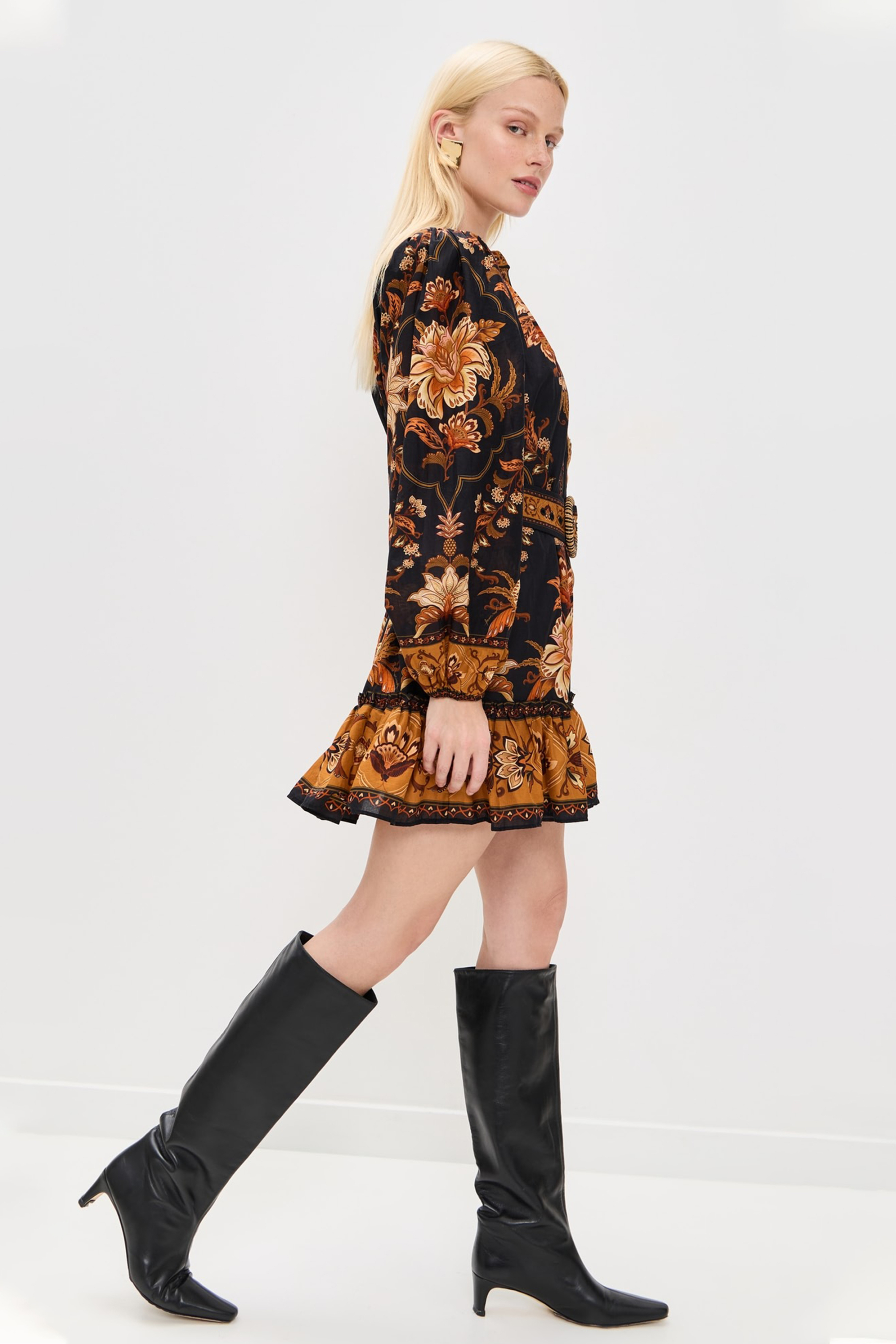 Paisley Print Lantern Sleeve Mini Dress With Belt