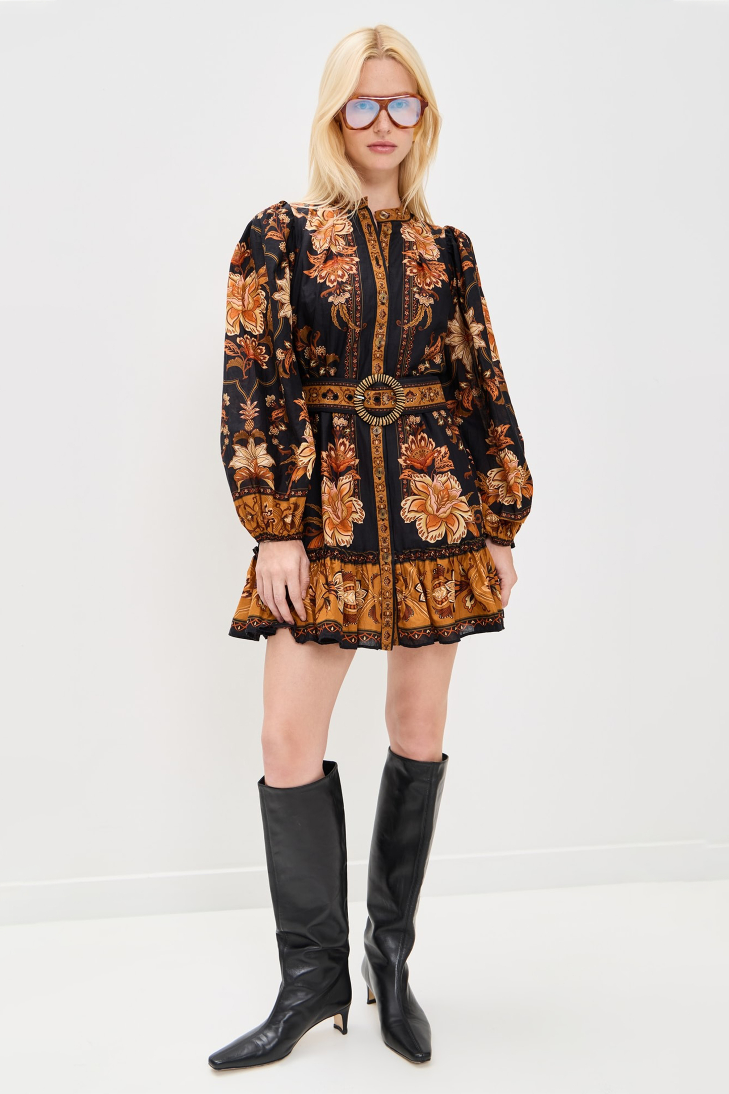 Paisley Print Lantern Sleeve Mini Dress With Belt
