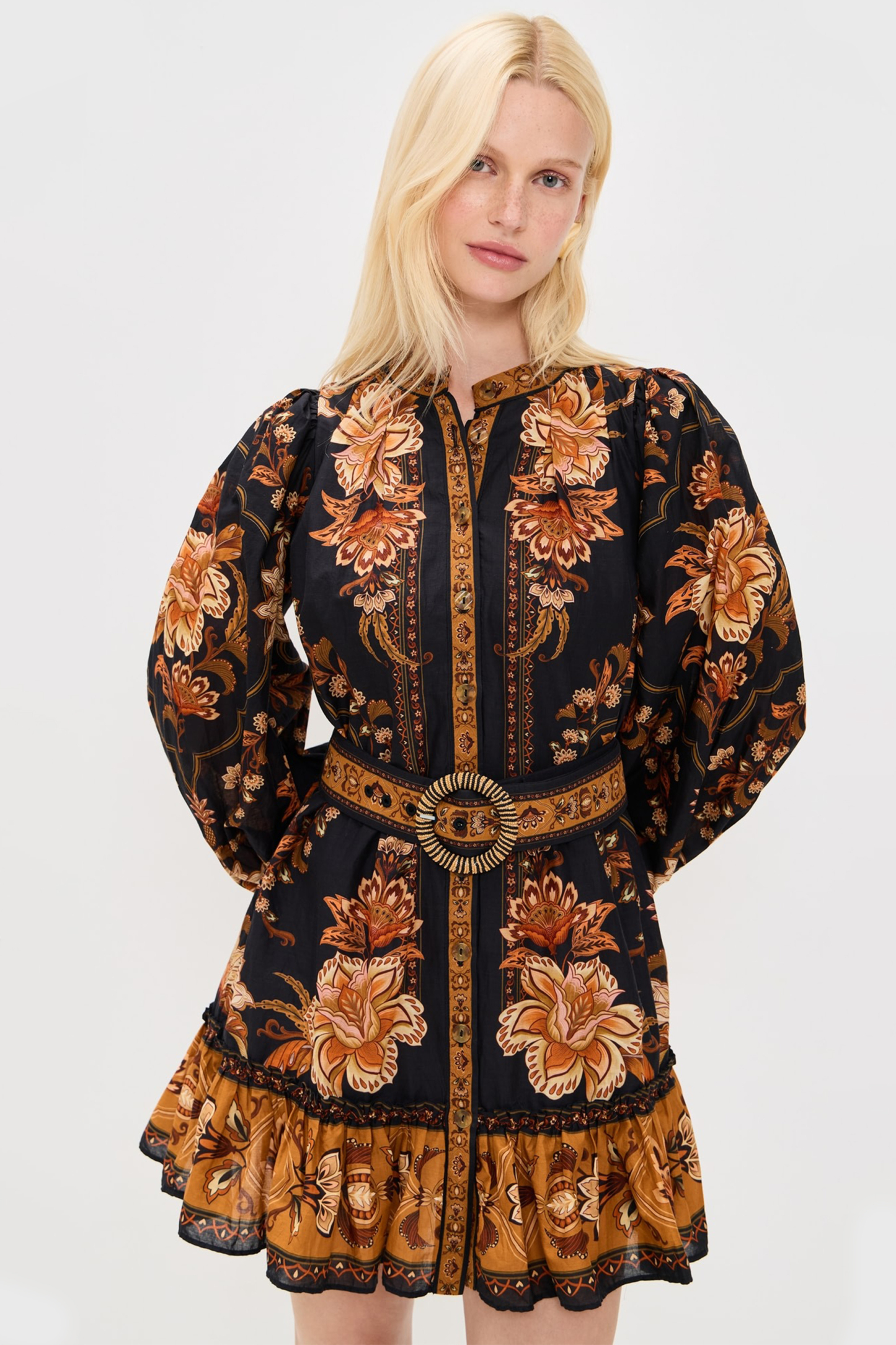 Paisley Print Lantern Sleeve Mini Dress With Belt