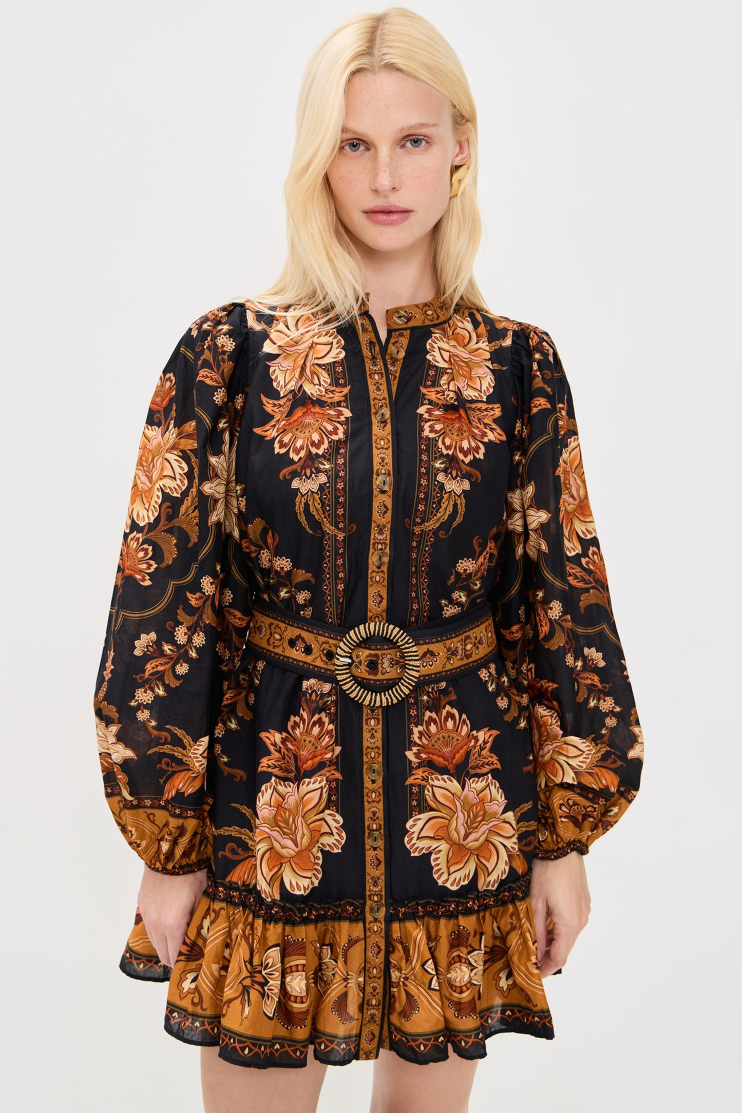 Paisley Print Lantern Sleeve Mini Dress With Belt