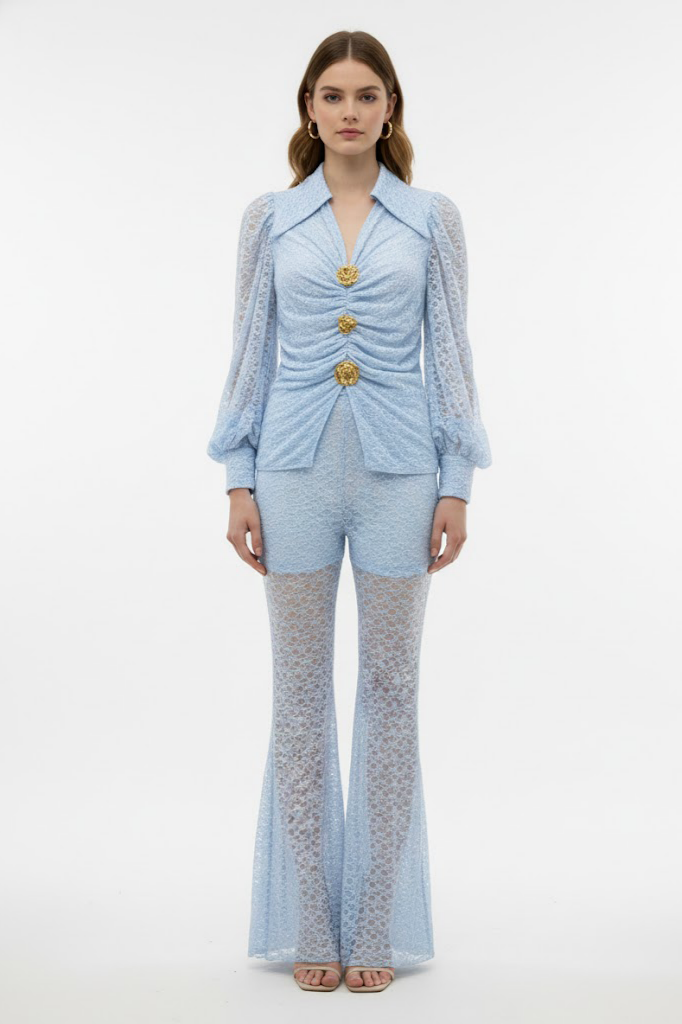 Lace Metal Button Top & Hight Waist Pants Set