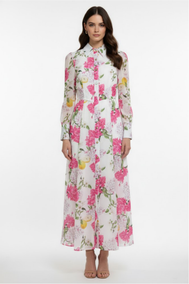 Floral Single Breasted Long Sleeve Midi Dress