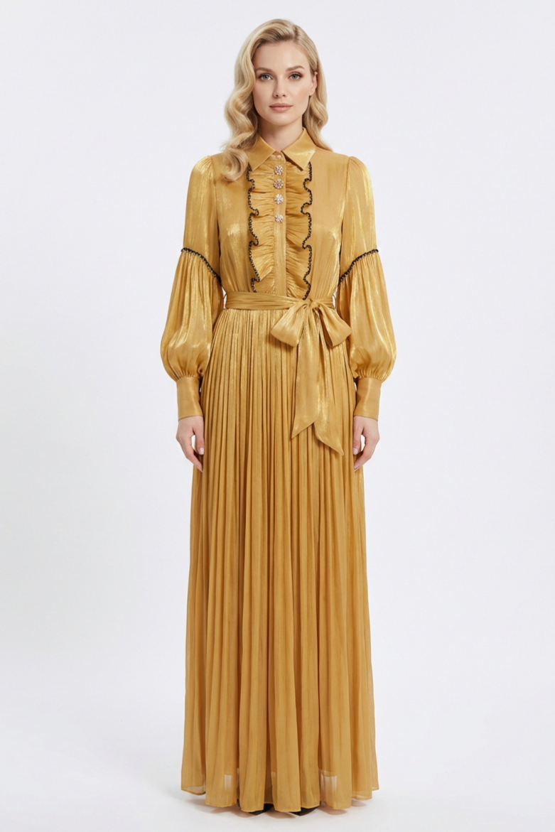 Metal Button Frill Flapped Maxi Dress