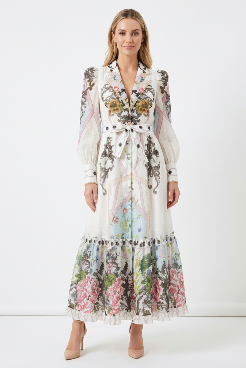 Floral Lace-Up Tailored Collar Midi Dress